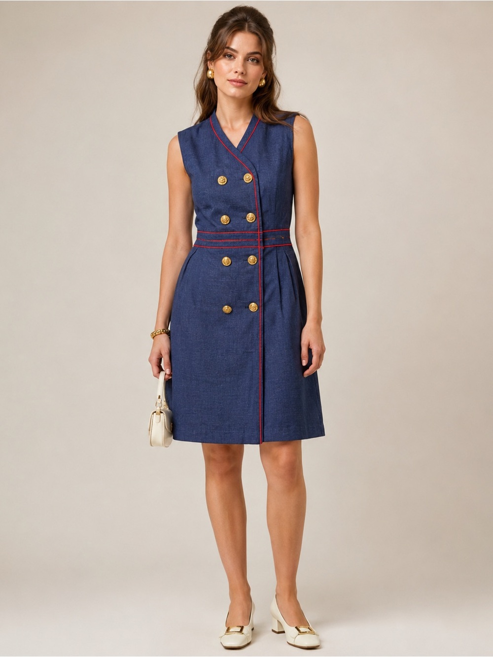 Vintage 60s/70s Navy Nautical Mod Double-Breasted Shift Dress with Red Trim